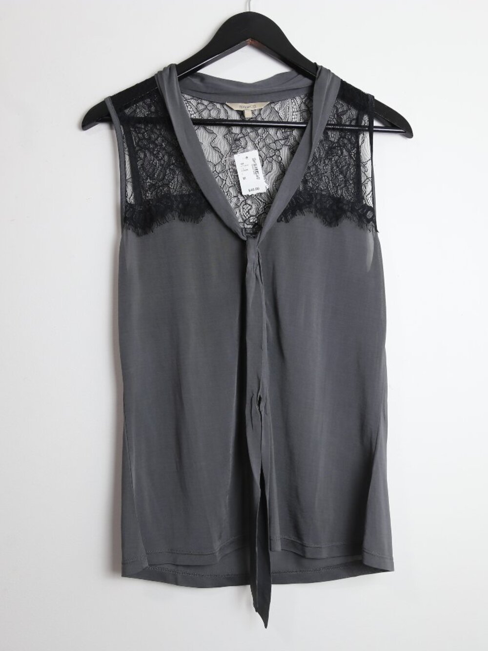 RW&CO. Black Lace Sleeveless Tie Front Dark Grey Blouse Top Size Medium